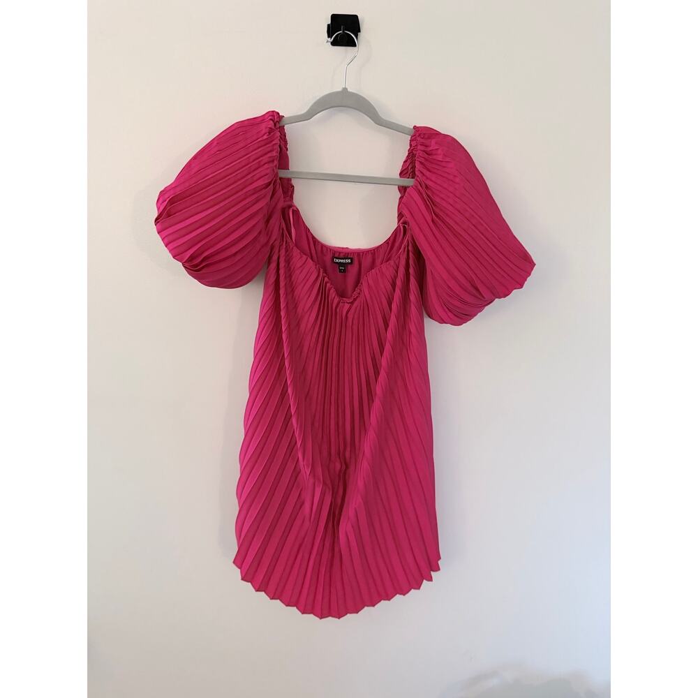 Express Hot-Pink Pleated Off Shoulder Balloon Sleeve Mini Dress-Size S